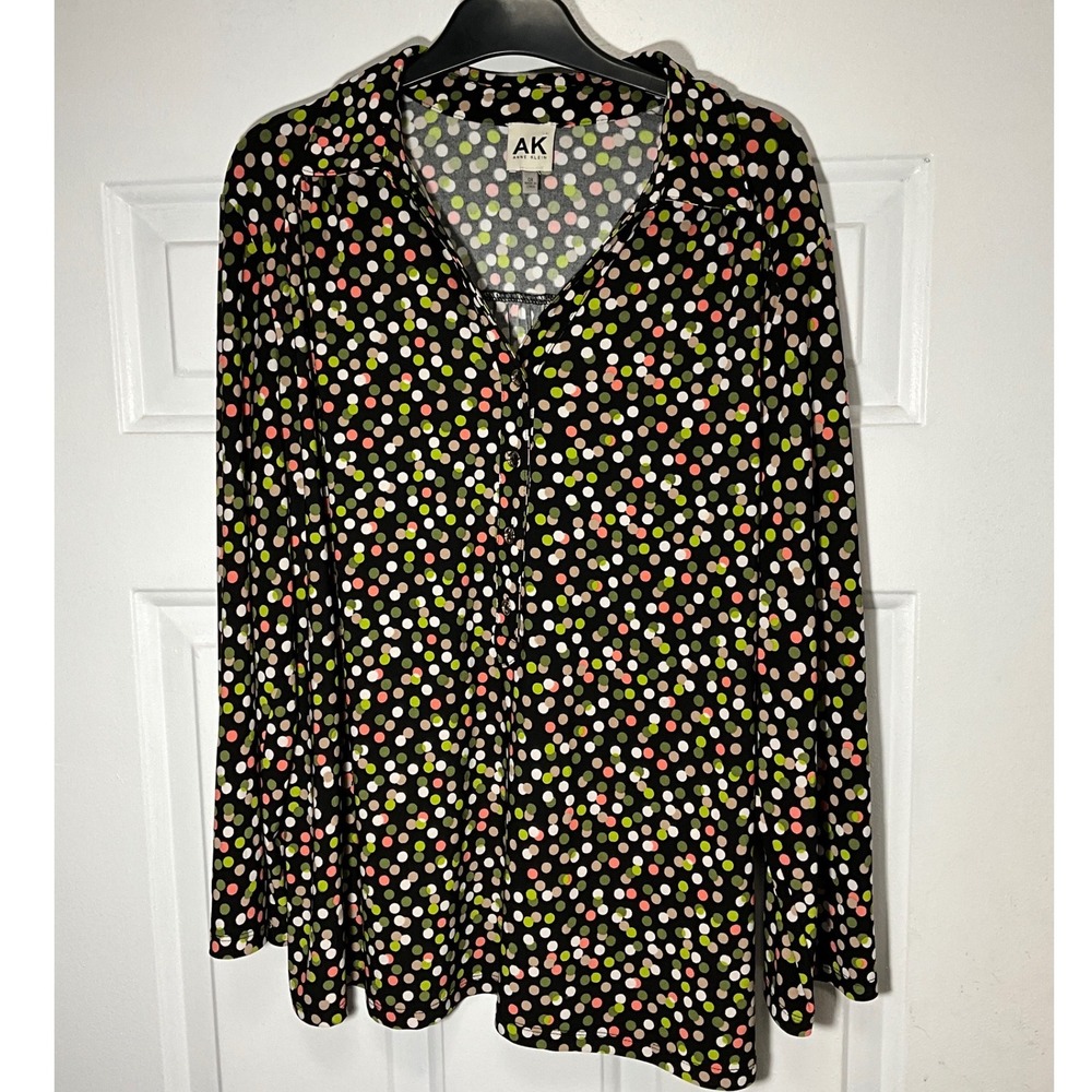 Anne Klein AK Polka Dot Roll Tab Sleeve Button Front Tunic Top Black Multi 0X